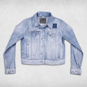 Levis Denim Jacket Womens L Blue Light Wash Distressed Ripped Grunge Retro